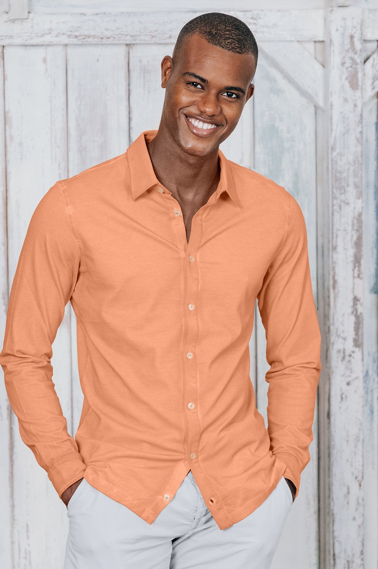 Stretch Cotton Pique Shirt - Albicocca - Shirts