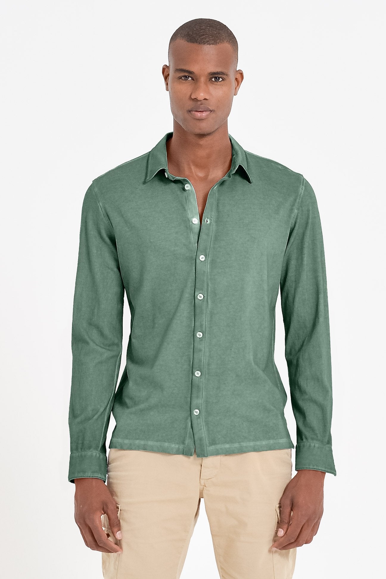 Stretch Cotton Pique Shirt - Ginepro - Shirts