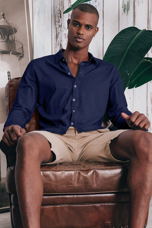 Stretch Cotton Pique Shirt - Navy - Shirts