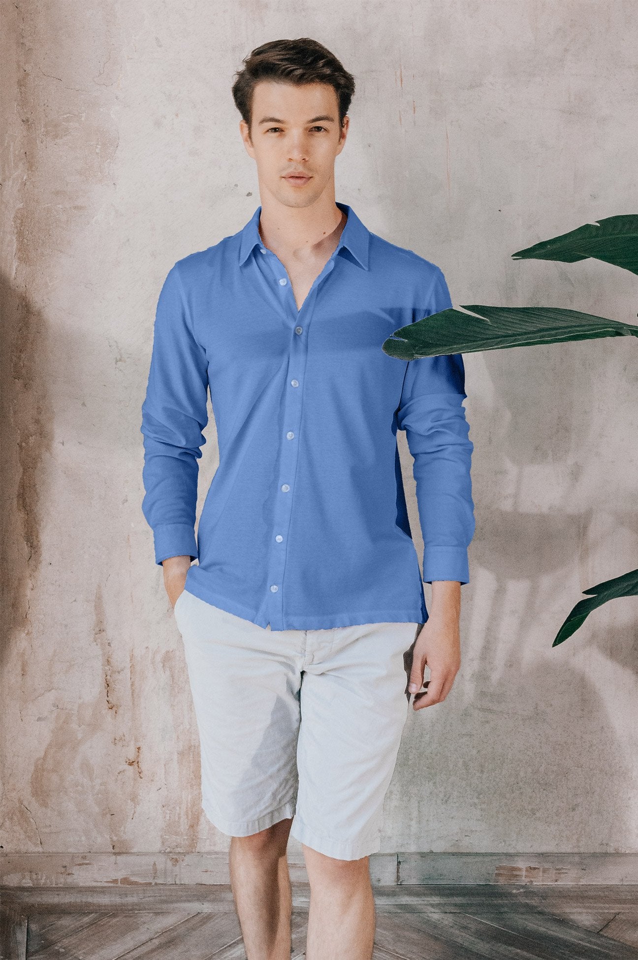 Stretch Cotton Pique Shirt - Oceano - Shirts