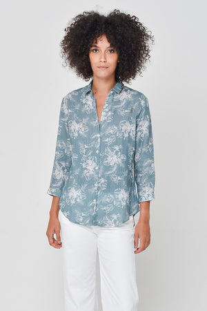 Valerie Shirt in Hibiscus Print Linen - Shark - Shirts