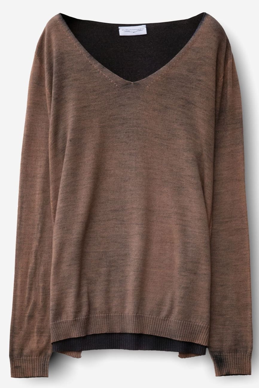 Women’s Merino Bicolor V-Neck - cannella-blu - Sweaters